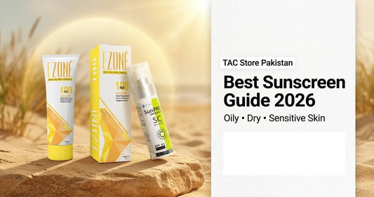 TAC Store Pakistan's "Best Sunscreen Guide 2026" featuring SunPRO SPF 50 tube and box alongside SunPRO SC SPF 40 bottle on a natural beach rock podium under a warm sun, recommended for oily, dry, and sensitive skin types
