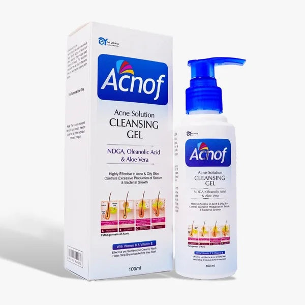 Acnof Acne Solution Cleansing Gel 100ml pump bottle – gentle daily face wash with NDGA & Aloe Vera for acne control and sebum regulation – available in Pakistan