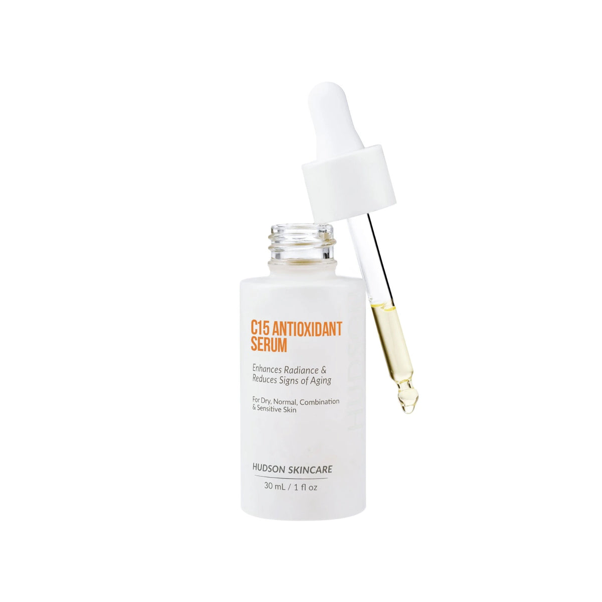 Lightweight Hudson C15 Vitamin C serum applied on skin for glow, even tone, and anti-aging care.