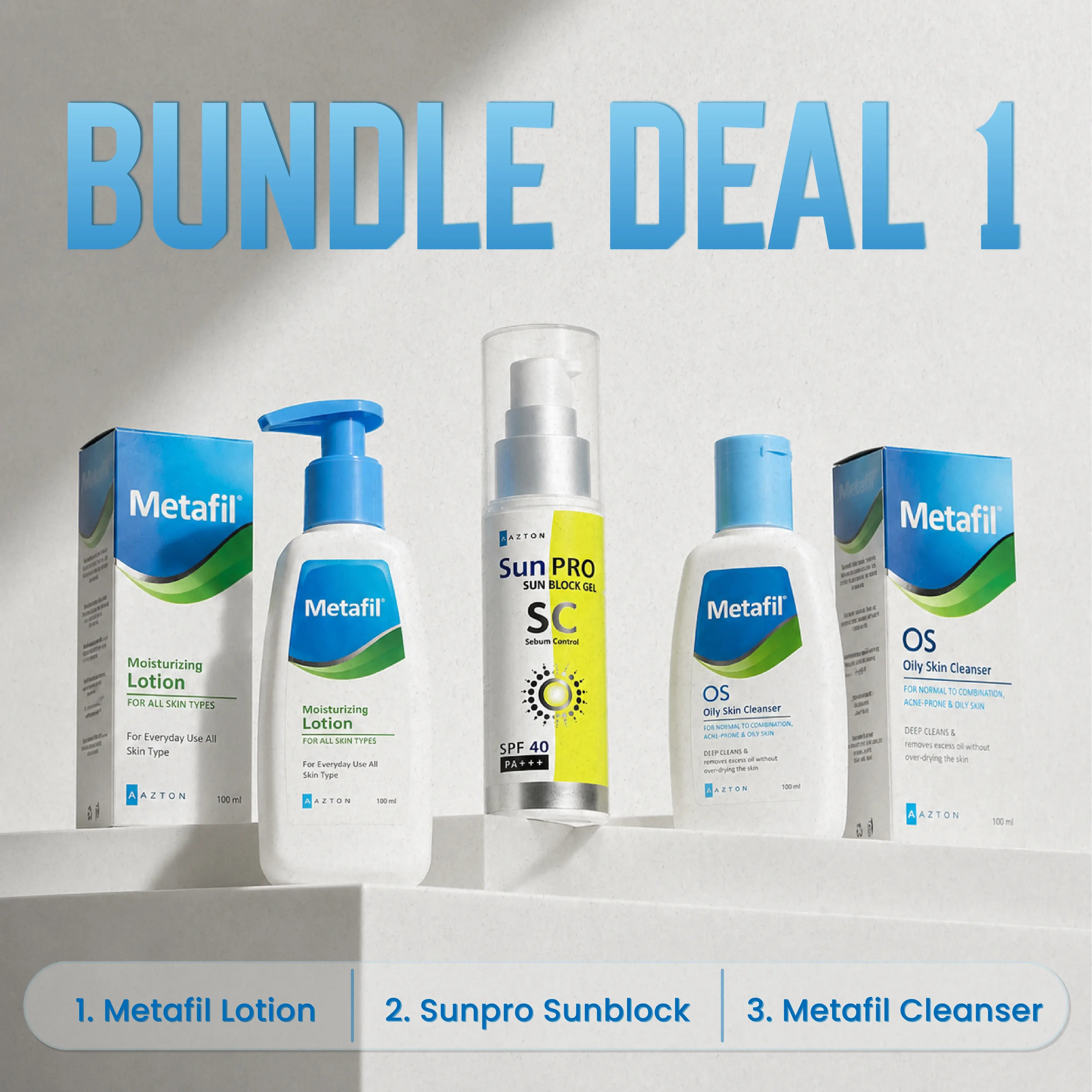 Bundle Deal 1 Metafil Moisturising Lotion SunPRO SC 
SPF 40 Sunblock Metafil OS Oily Skin Cleanser complete 
skincare routine bundle Pakistan Rs 6600 TAC Store