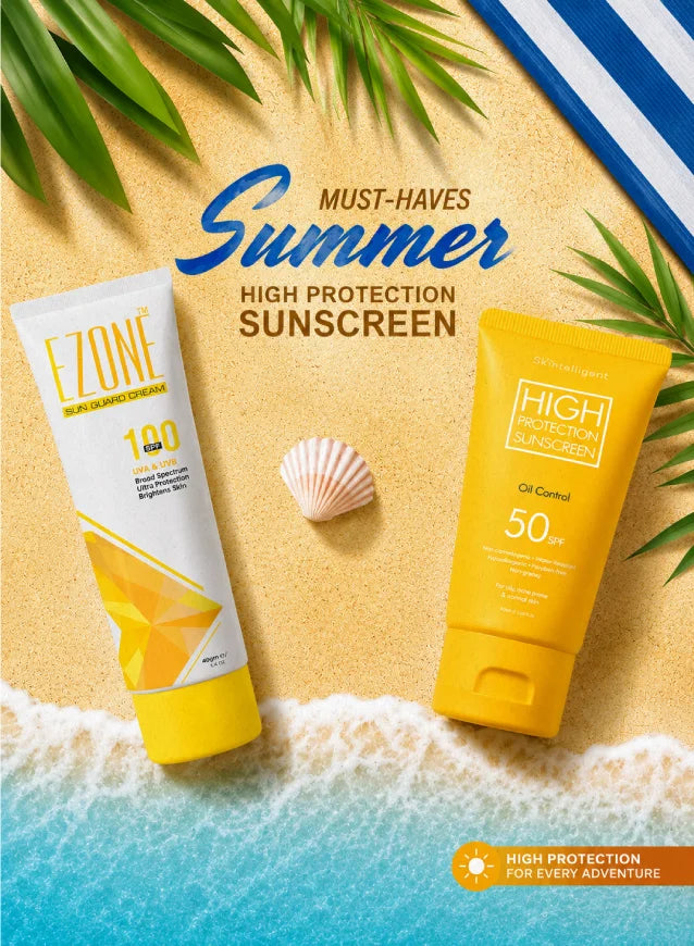 TAC Store summer must-have sunscreens Ezone Sun Guard Cream SPF 100 and Skintelligent High Protection Sunscreen SPF 50 oil control Pakistan