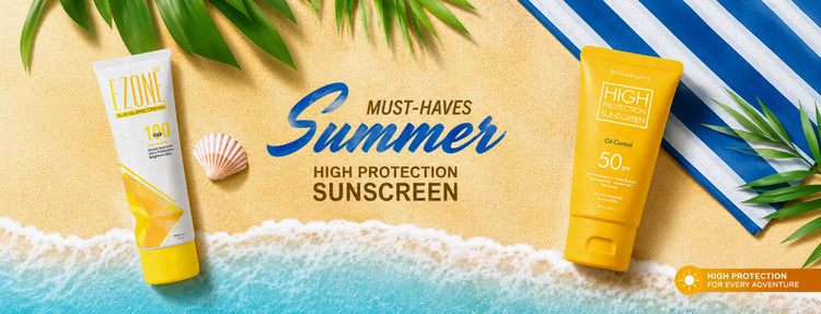 TAC Store summer skincare banner Ezone Sun Guard Cream SPF 100 broad spectrum and Skintelligent High Protection Sunscreen SPF 50 oil control buy online Pakistan
